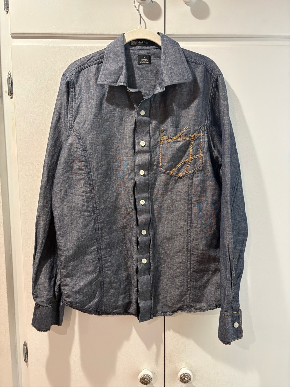 Sean John Dark Blue Chambray Shirt Jacket with Contrast Stitching
